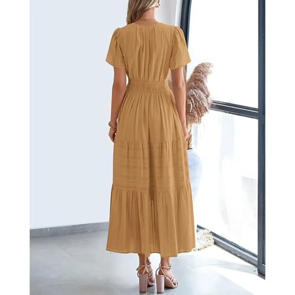 Women's Khaki V Neck Short Sleeve A Line Summer Casual Maxi Dress Pockets